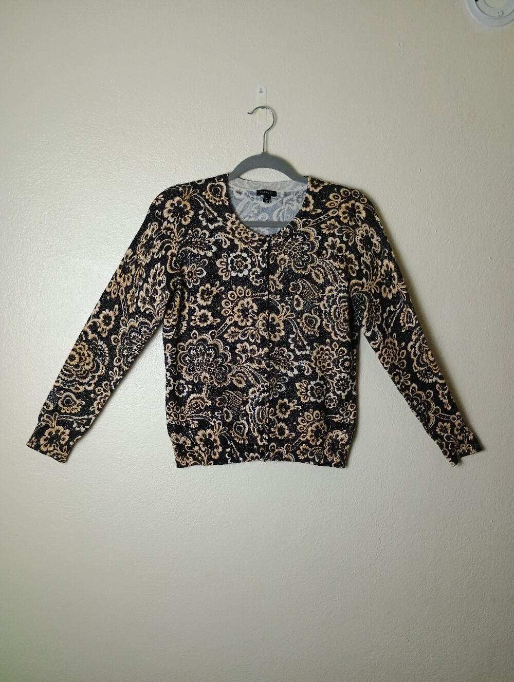 Talbots M Black and Cream Metallic Floral Paisley Crewneck Cardigan Shimmering